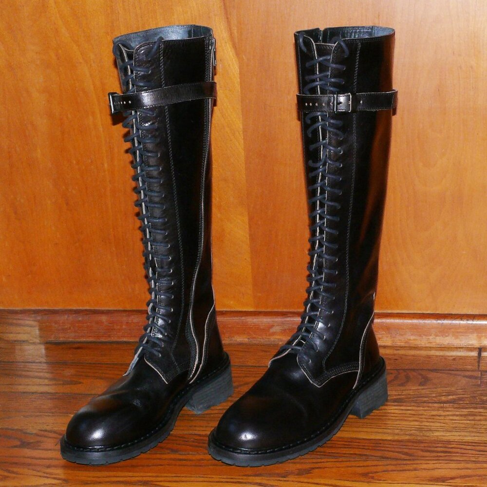 ANN DEMEULEMEESTER BLACK LEATHER LACE-UP KNEE HIGH BOOTS SZ EU 7.5 / US 8
